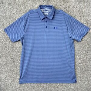 Under Armour Polo Shirt Men XL Blue Gray Striped HeatGear Loose Fit Short Sleeve